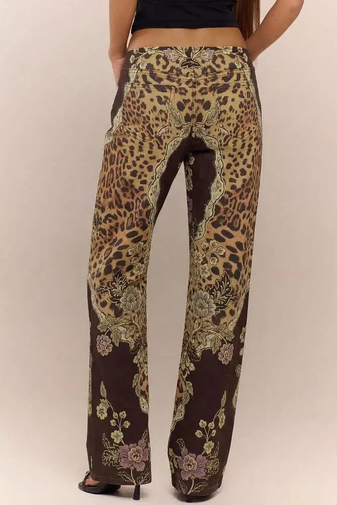 Low Rise Leopard Mix Lace-Up Pants