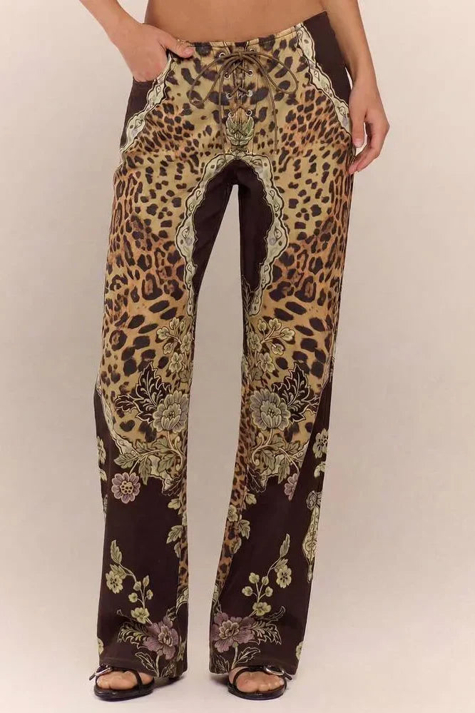 Low Rise Leopard Mix Lace-Up Pants