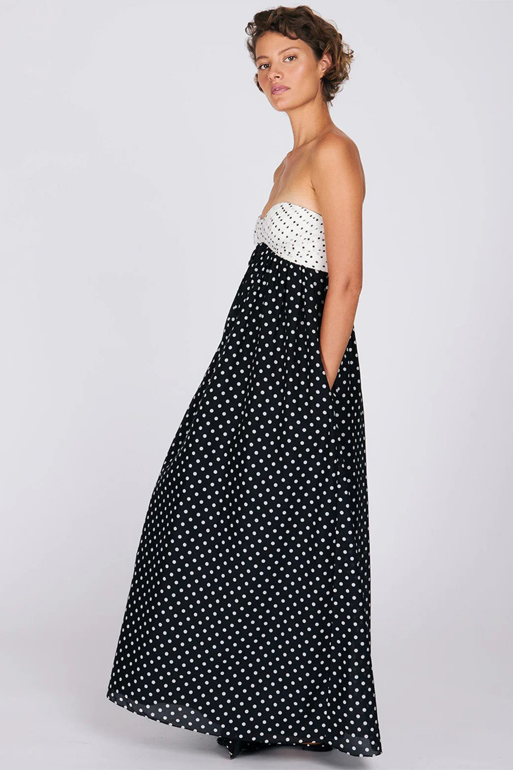 Two-Tone Polka Dot Strapless Maxi Dress