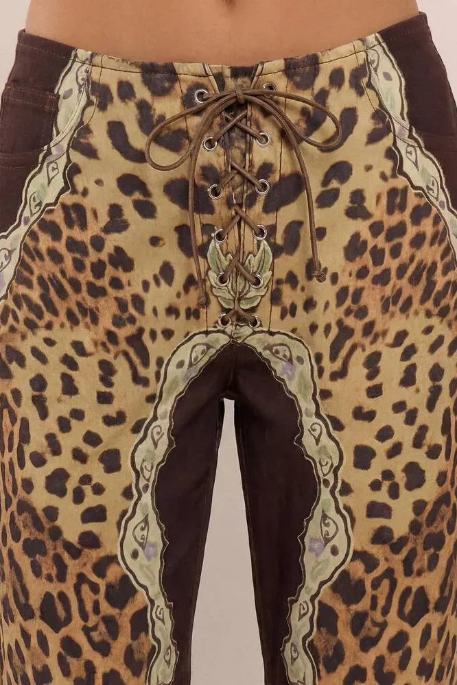 Low Rise Leopard Mix Lace-Up Pants