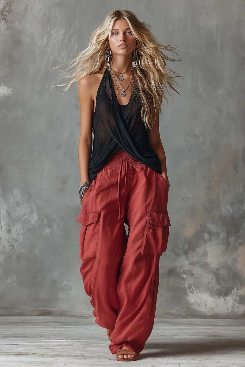 Black Mesh V-Neck Top & Red Cargo Pants Set