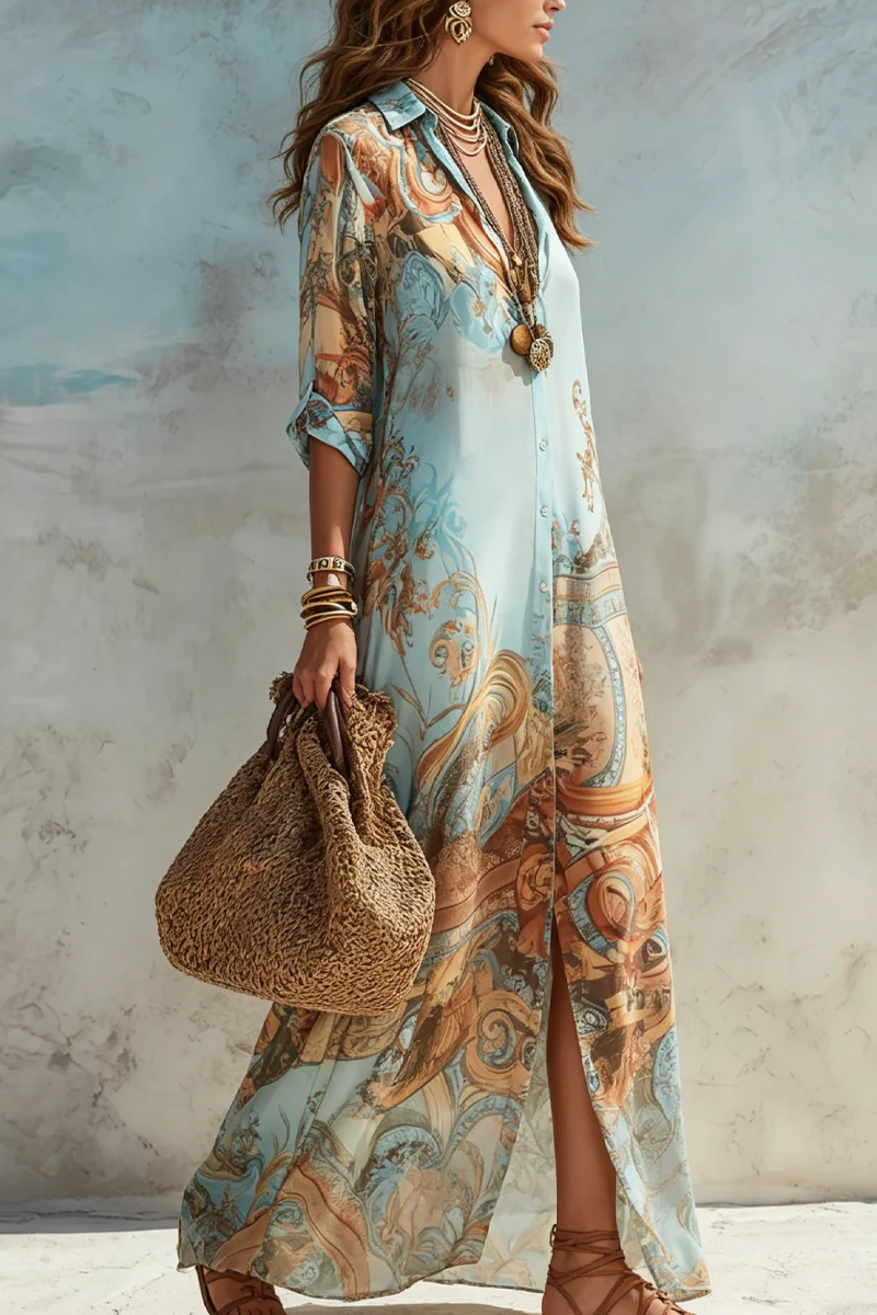 Vacation Blue Floral Print Shirt Maxi Dress