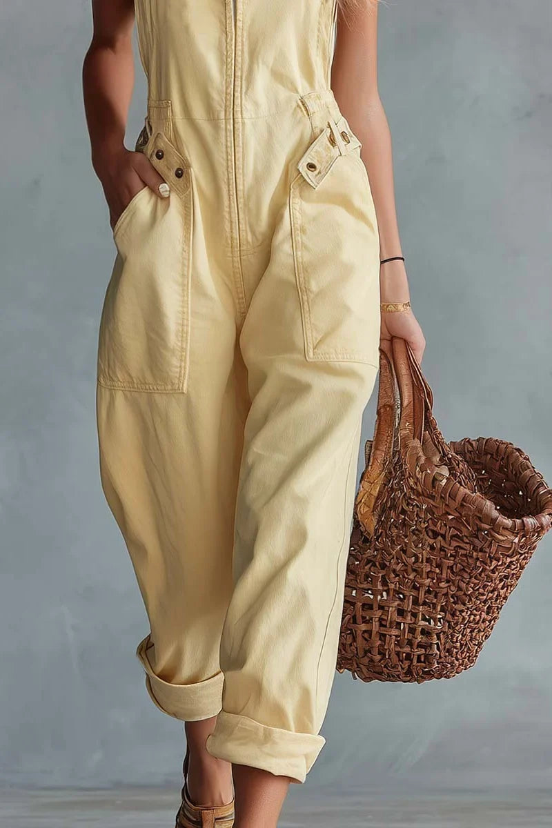 Light Yellow Denim Jumpsuit - Square Neck Retro