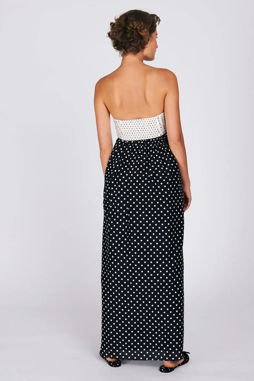 Two-Tone Polka Dot Strapless Maxi Dress