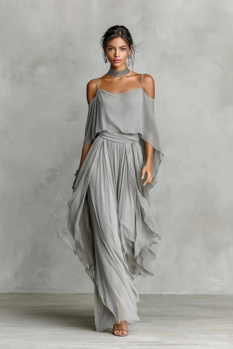 Grey Chiffon Cold-Shoulder Two-Piece Set