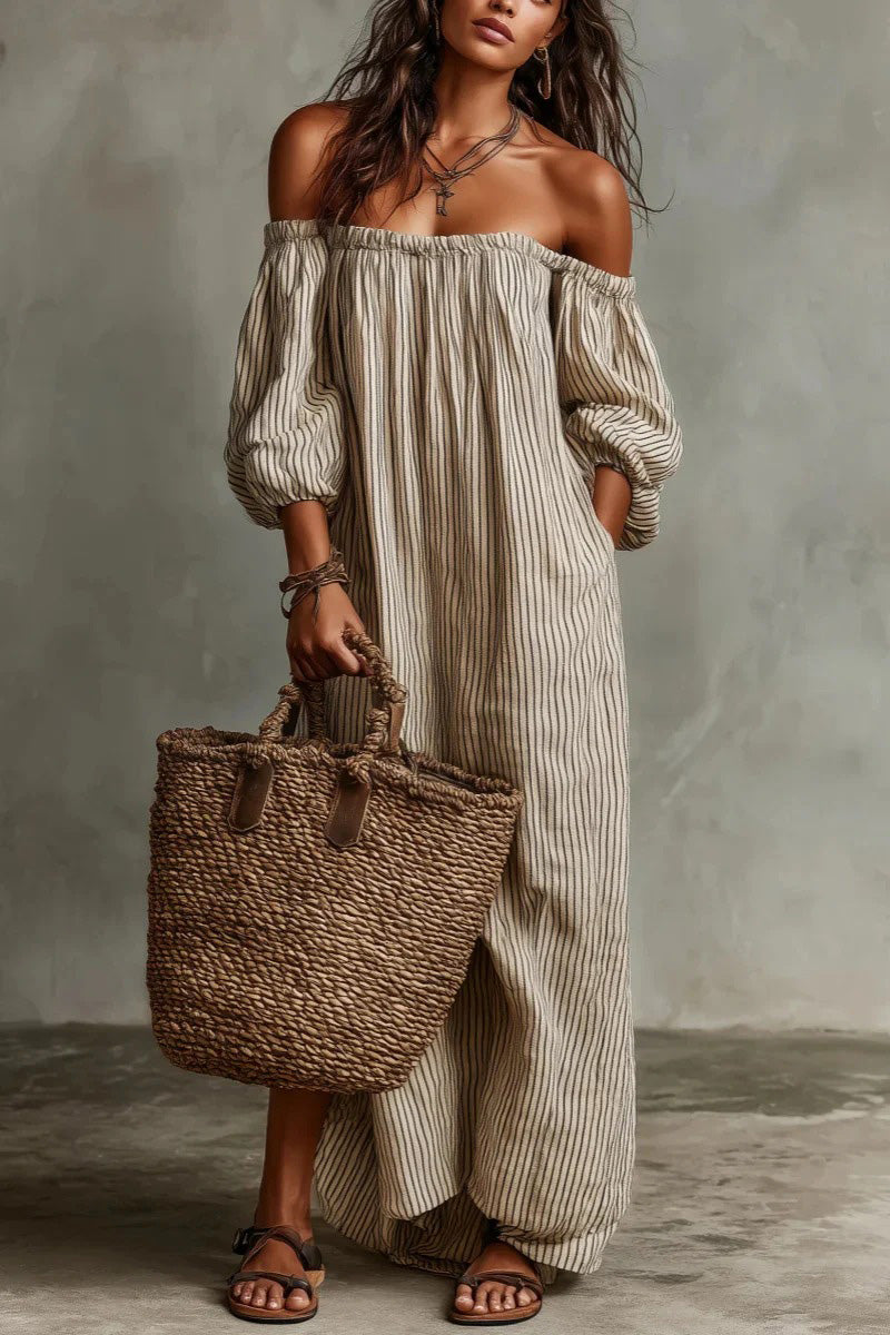 Beige Stripe Off-Shoulder Linen-Blend Maxi Dress