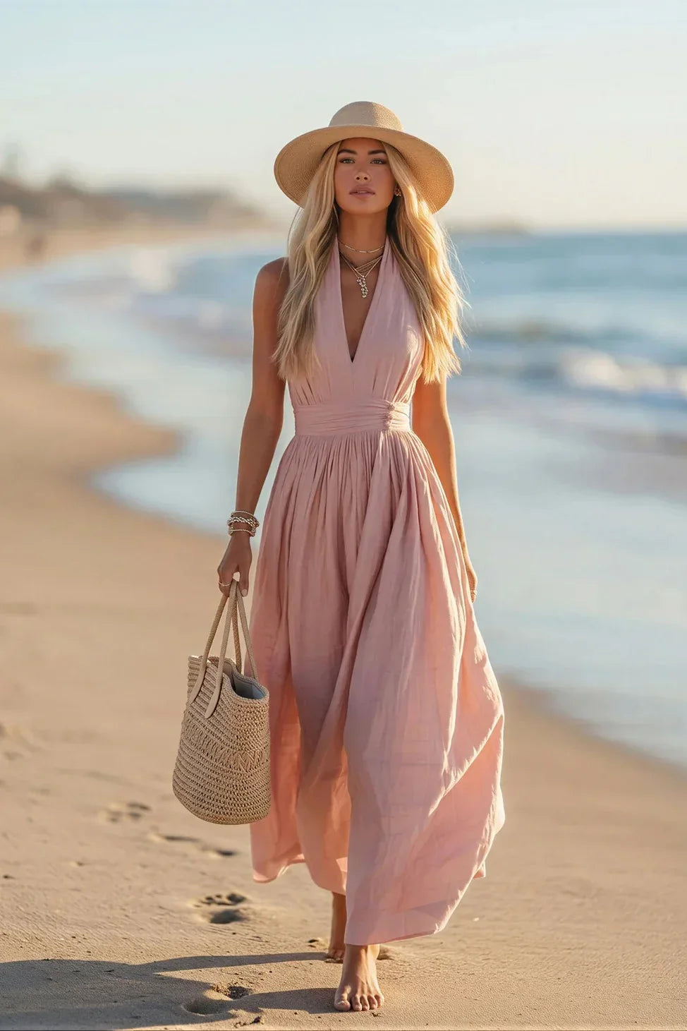 Halter Neck Cotton Linen Resort Dress