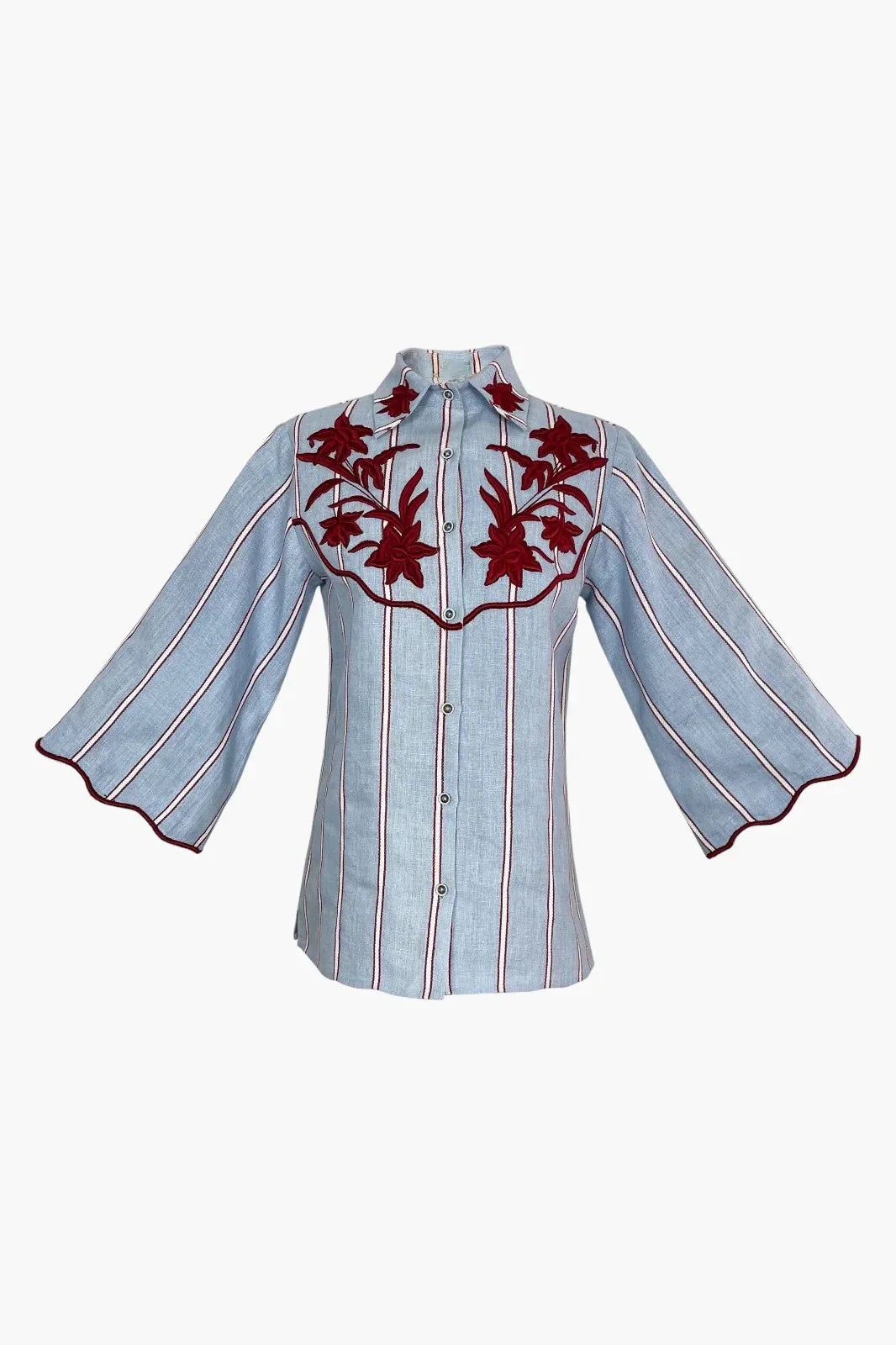 Blue Striped Floral Shirt With Tie Belt