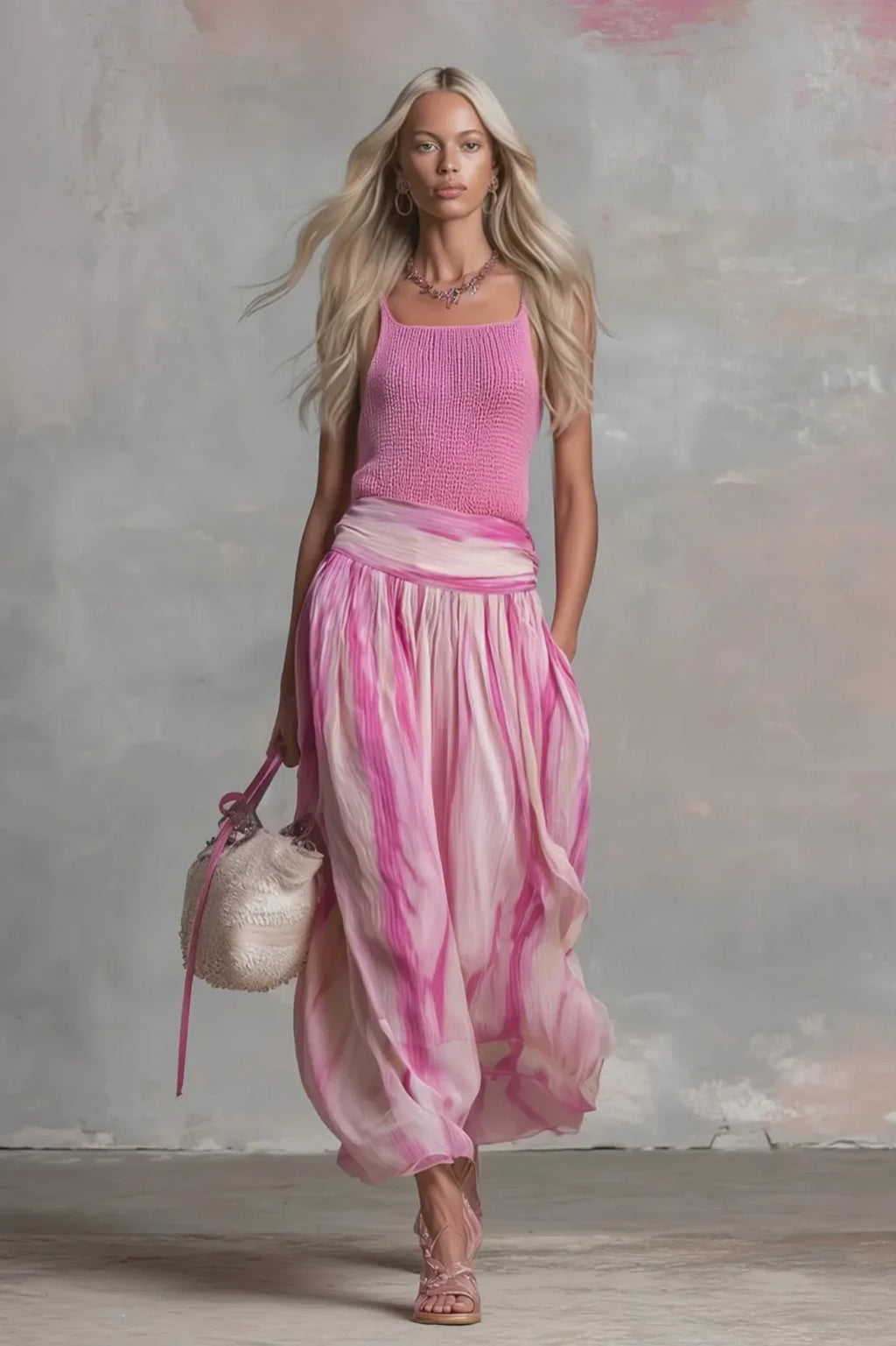 Ribbed Knit Camisole & Printed Midi Skirt Set