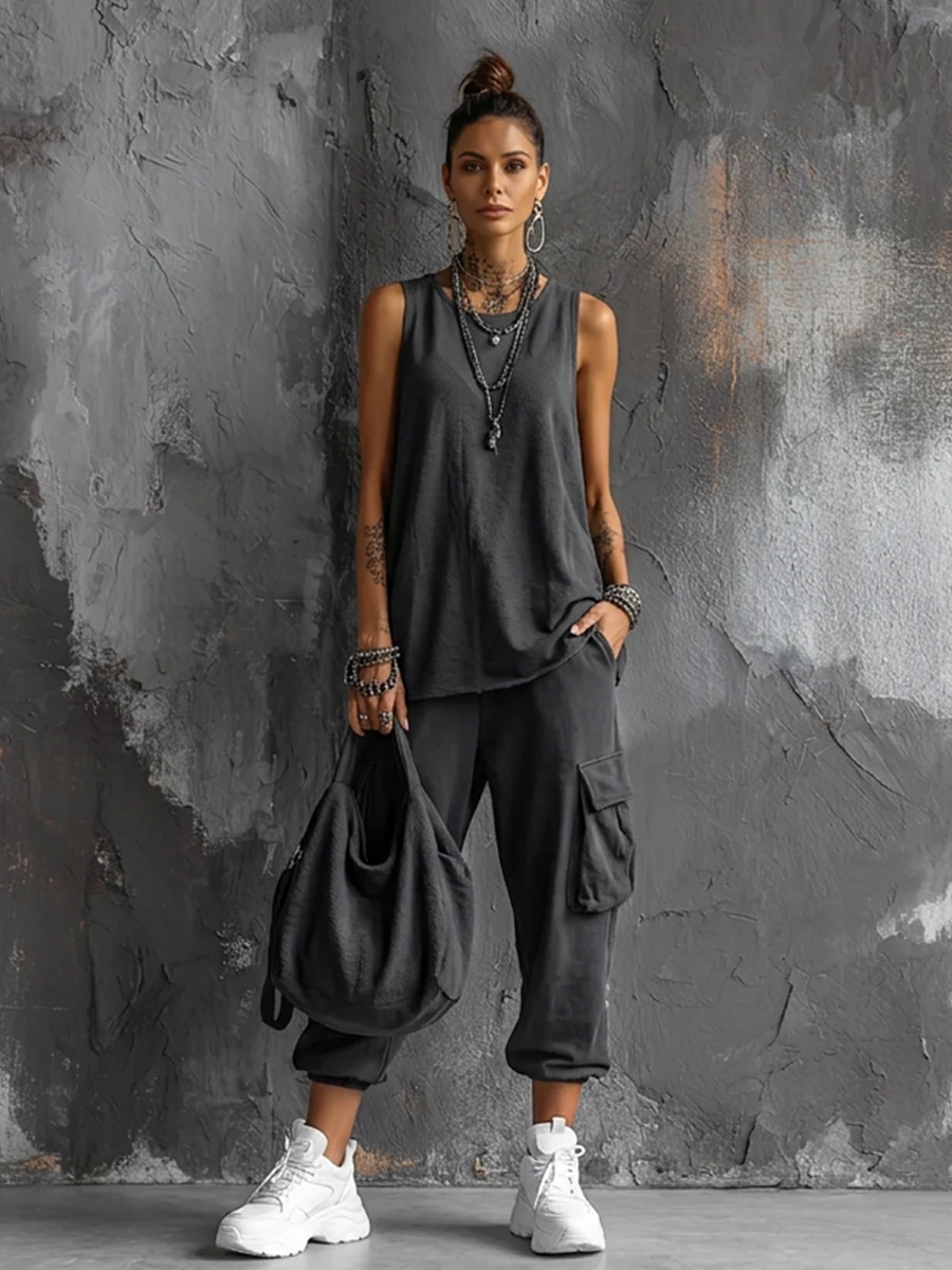 Dark Gray Cotton Sleeveless Top + Jogger Set