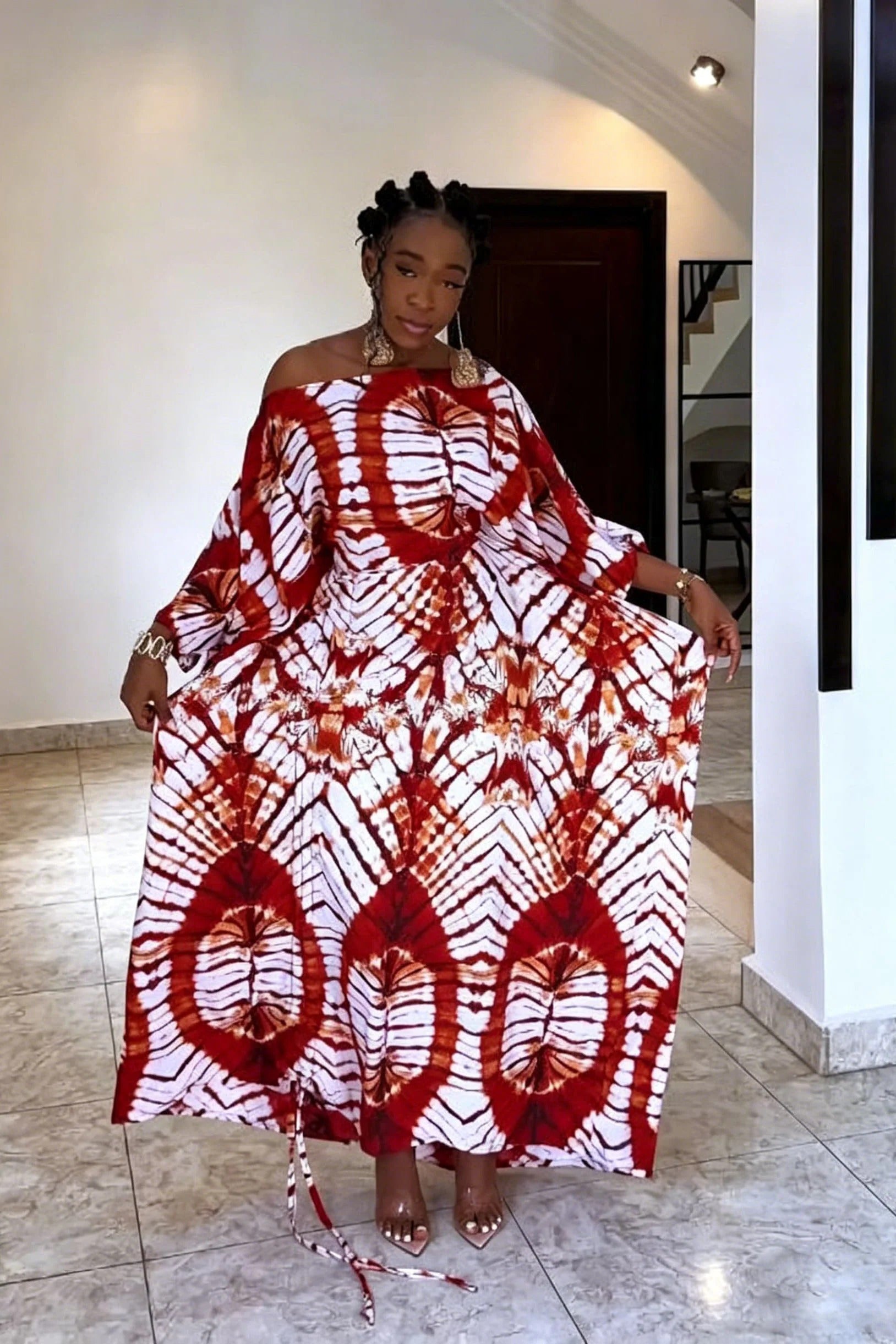 Radial Pattern Off-Shoulder Maxi Dress