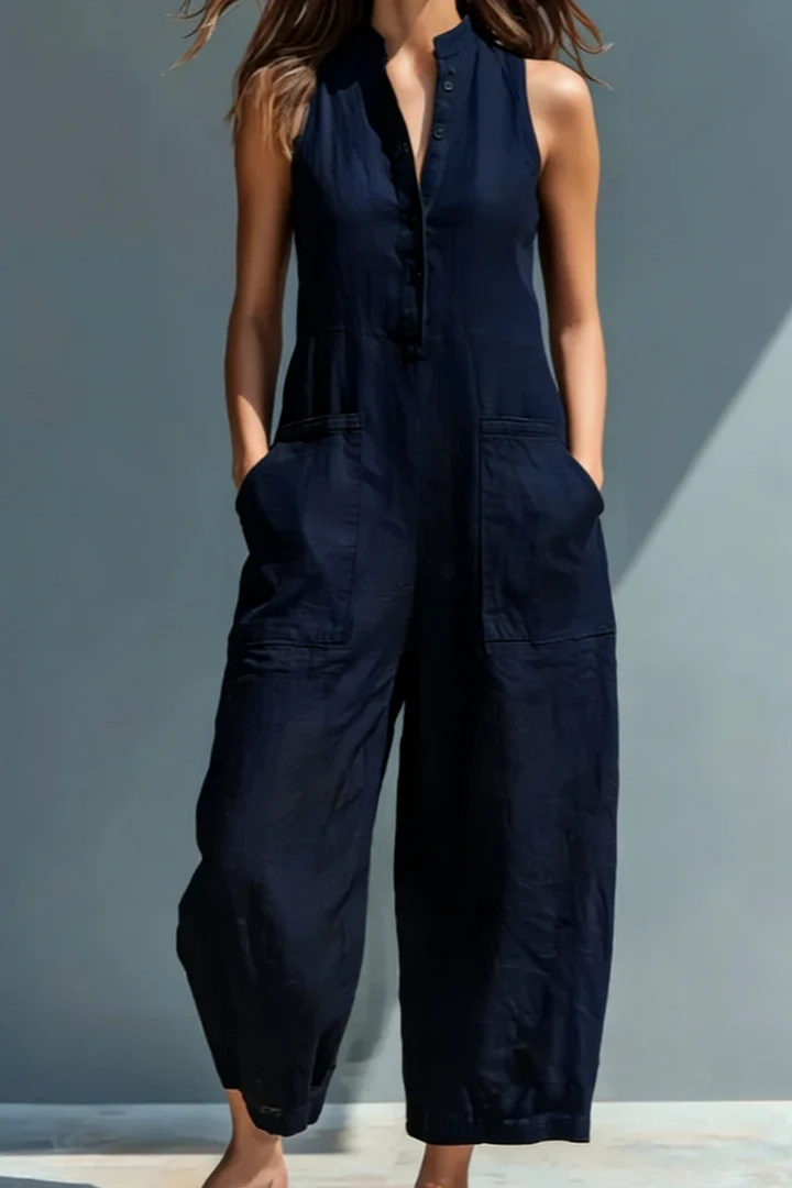 Black Linen Stand Collar Sleeveless Jumpsuit