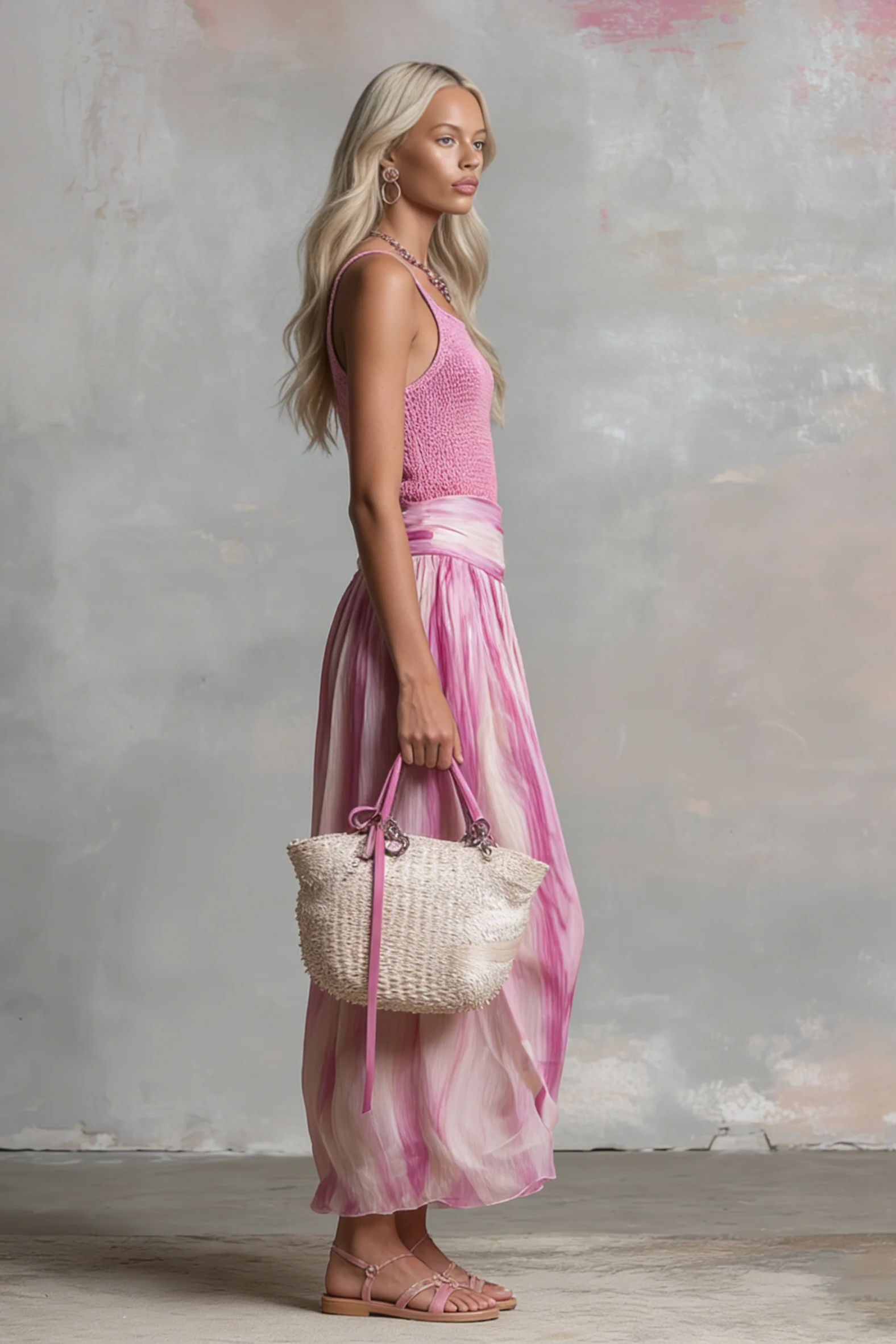 Ribbed Knit Camisole & Printed Midi Skirt Set