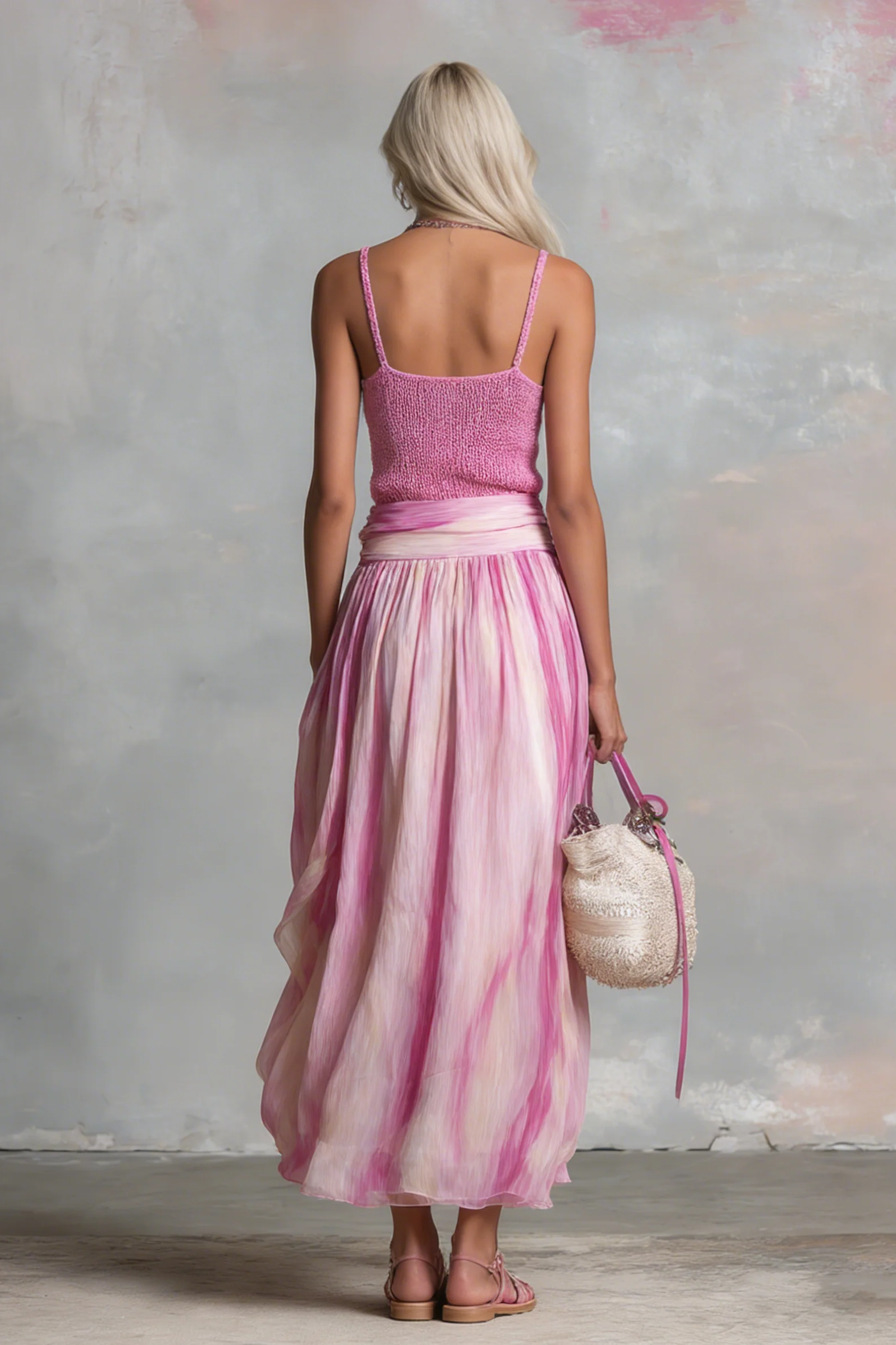 Ribbed Knit Camisole & Printed Midi Skirt Set