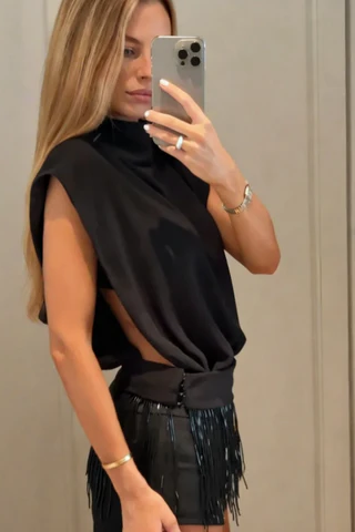 Black High Neck Cutout Fringe Shorts Set
