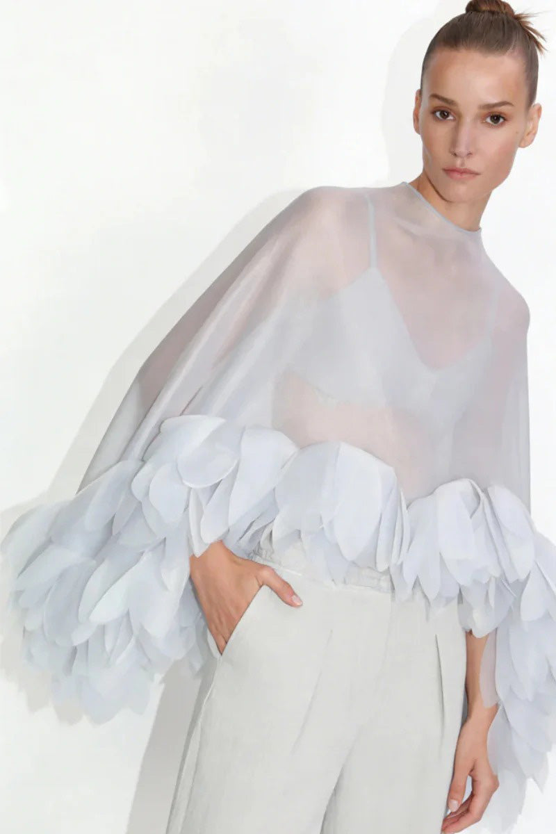 Sheer Organza Petal-Embellished Cape Top
