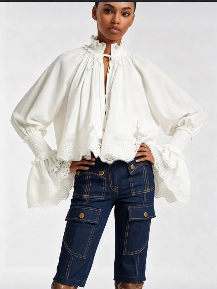 Lace-Trim Poet Sleeve Cotton Blouse