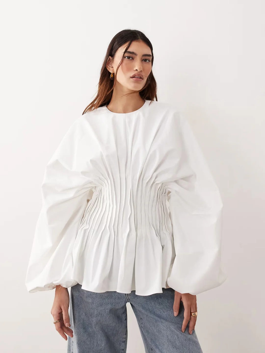 Pintuck Open-Back Peplum Blouse
