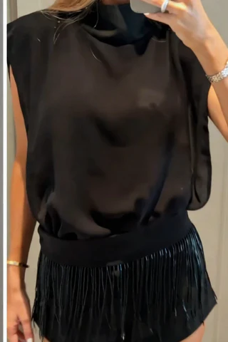 Black High Neck Cutout Fringe Shorts Set