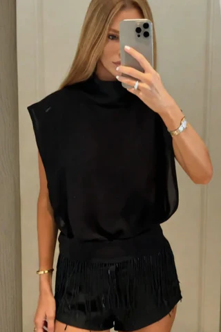 Black High Neck Cutout Fringe Shorts Set