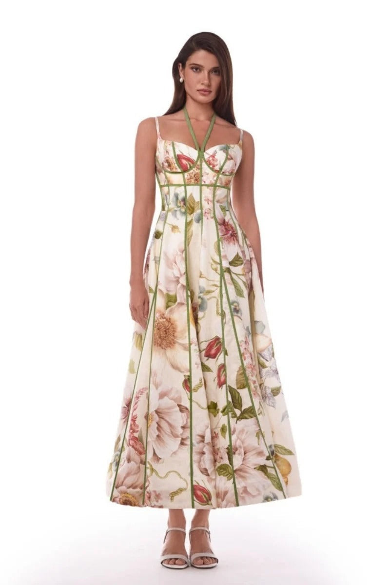 Cream Floral Corset Bustier Midi Dress