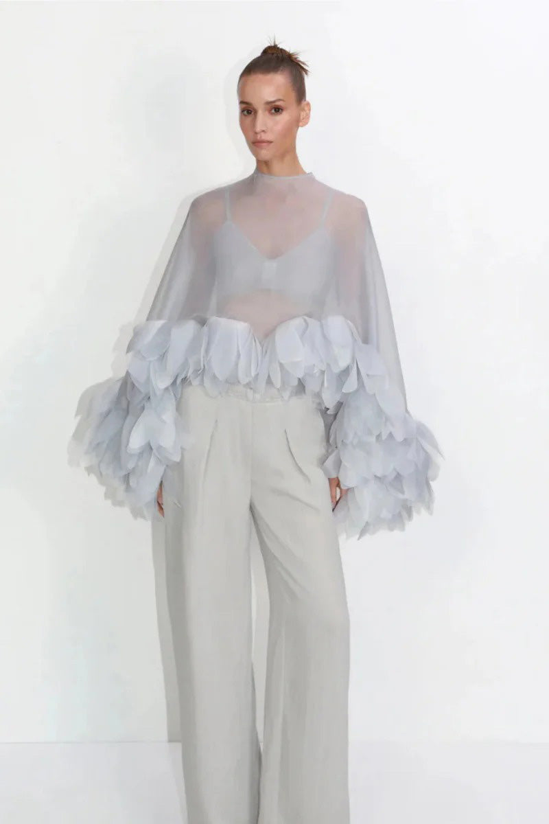 Sheer Organza Petal-Embellished Cape Top