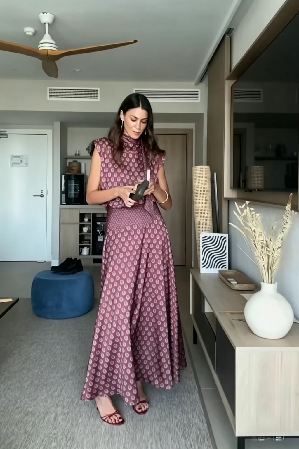 Retro Print Scarf Top & Maxi Skirt Two-Piece Set