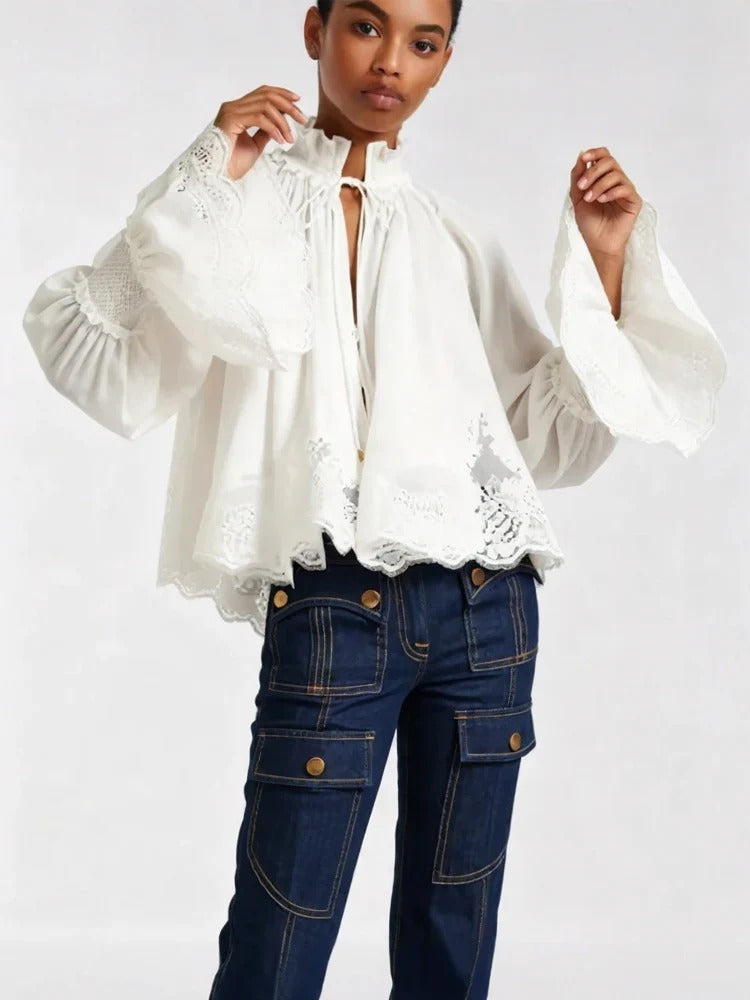 Lace-Trim Poet Sleeve Cotton Blouse
