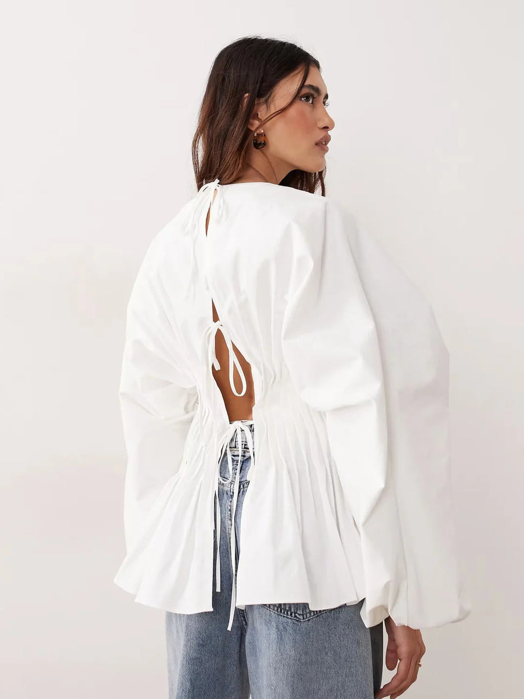 Pintuck Open-Back Peplum Blouse