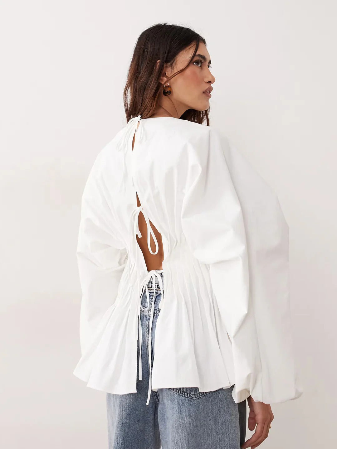 Pintuck Open-Back Peplum Blouse