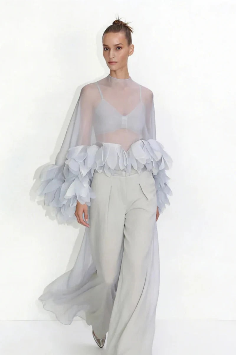 Sheer Organza Petal-Embellished Cape Top