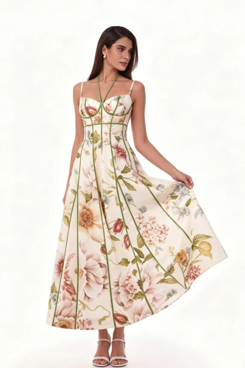 Cream Floral Corset Bustier Midi Dress