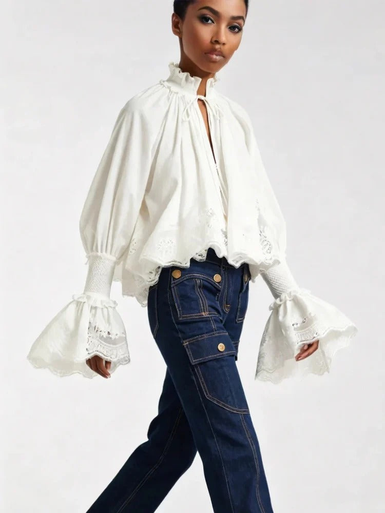 Lace-Trim Poet Sleeve Cotton Blouse