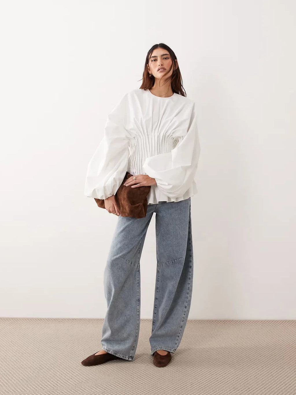 Pintuck Open-Back Peplum Blouse
