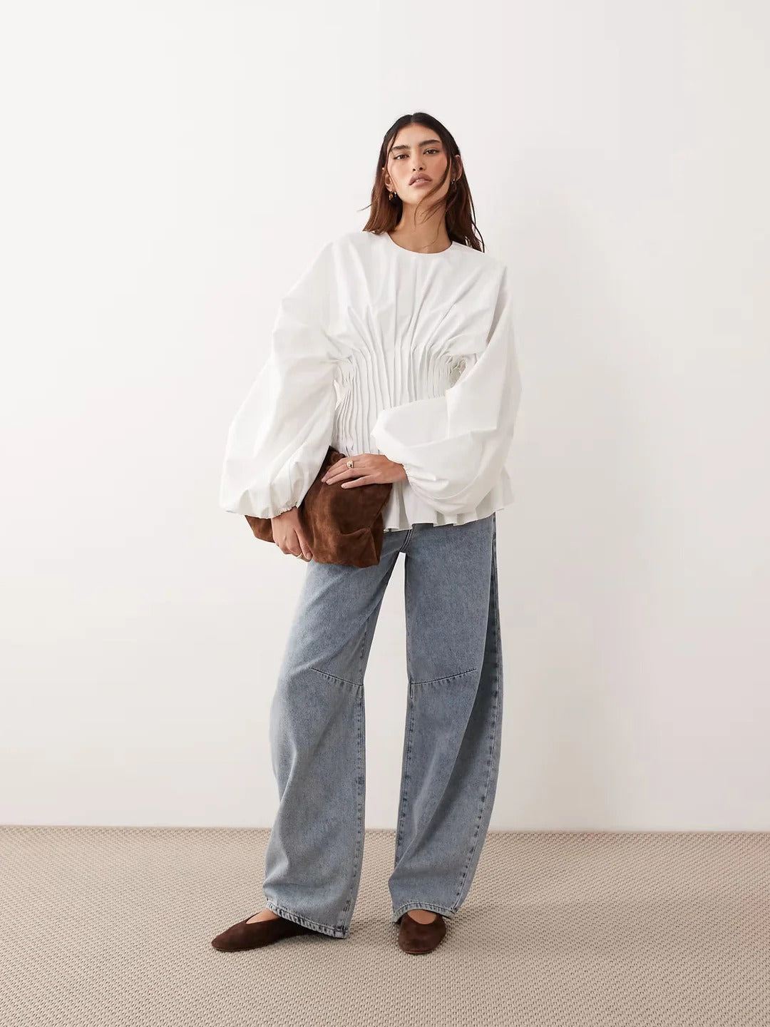 Pintuck Open-Back Peplum Blouse