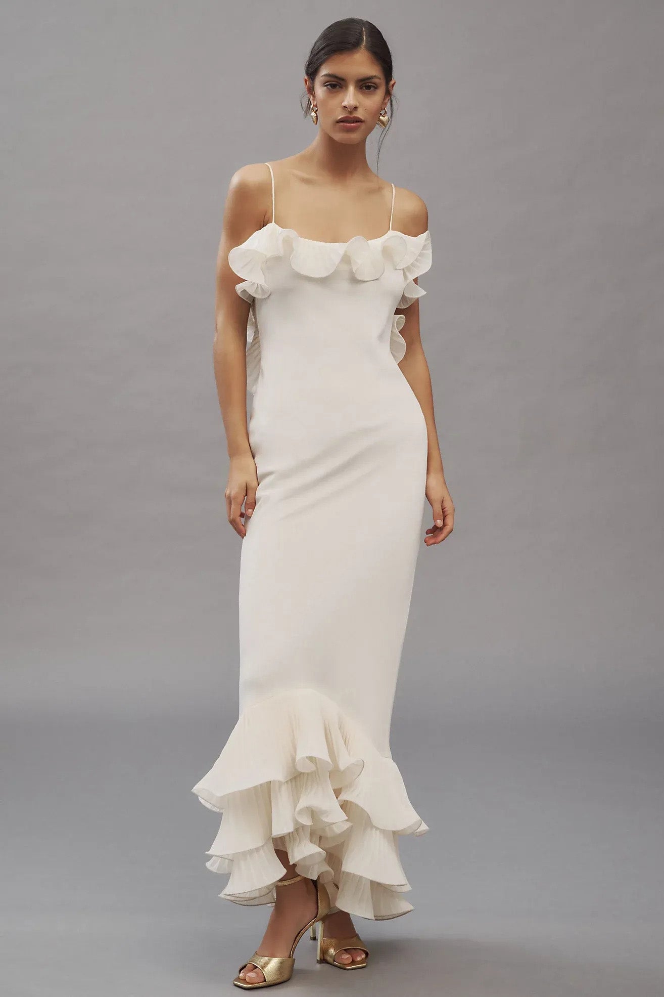 White Ruffle Open Back Slip Maxi Dress