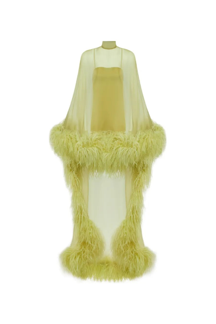 Pale Kiwi Gold Sheer Feather Cape Maxi Dress