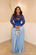 Ocean Blue Pleated Lace Maxi Dress