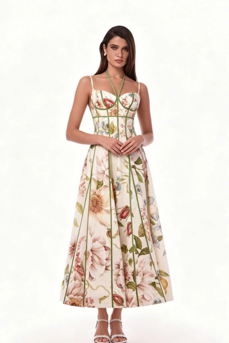 Cream Floral Corset Bustier Midi Dress