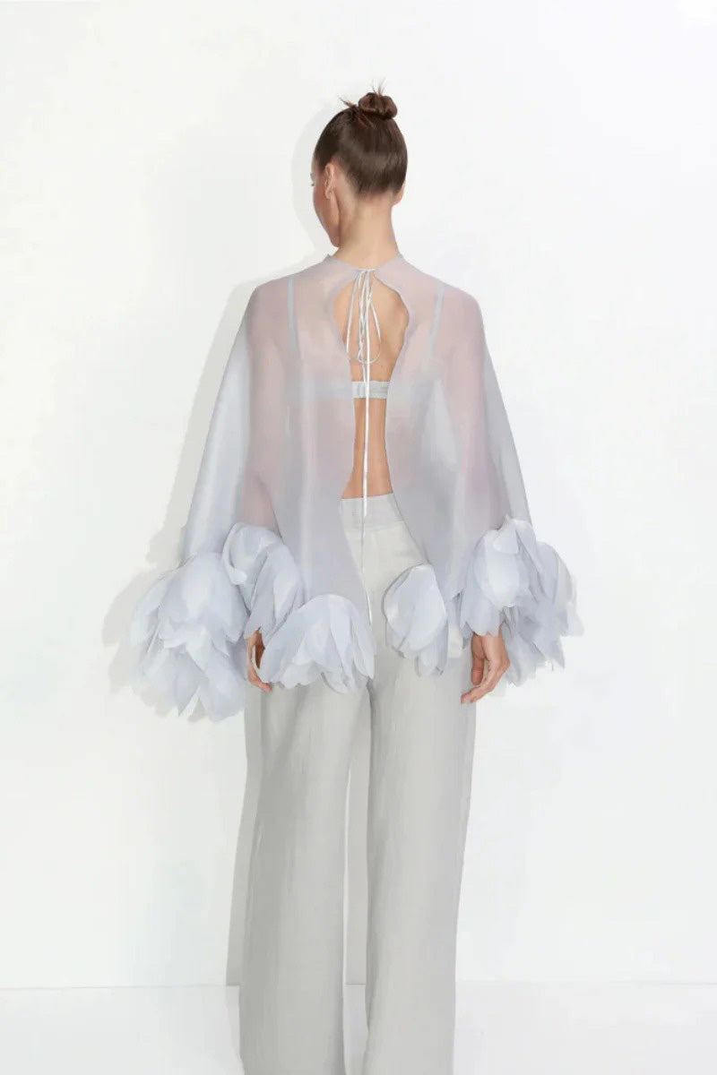 Sheer Organza Petal-Embellished Cape Top