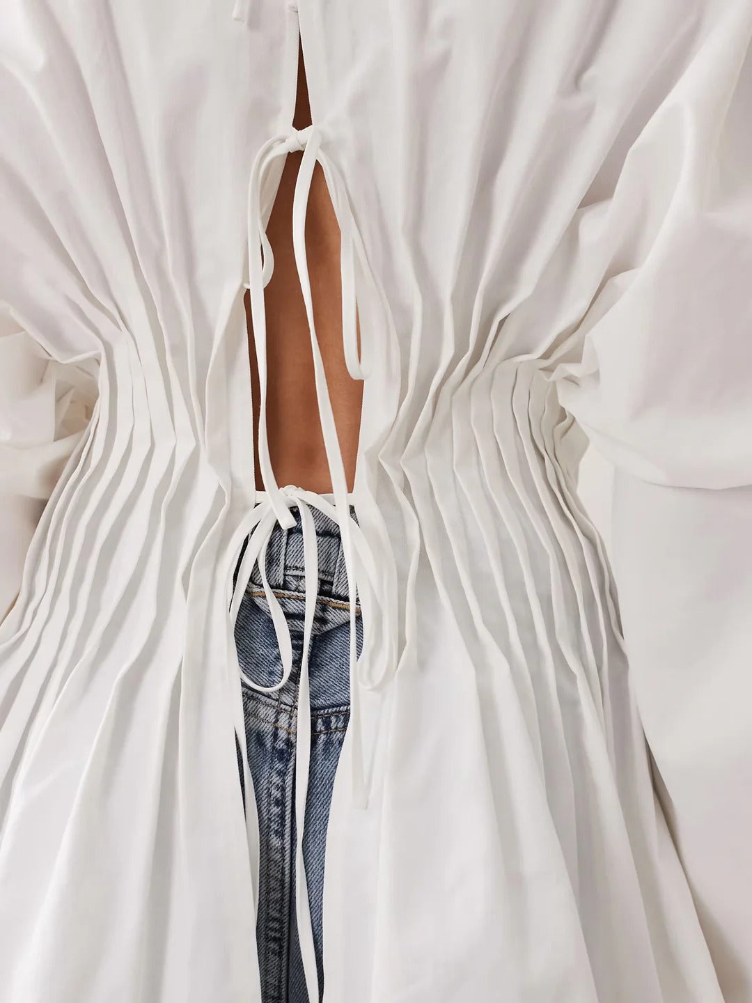 Pintuck Open-Back Peplum Blouse