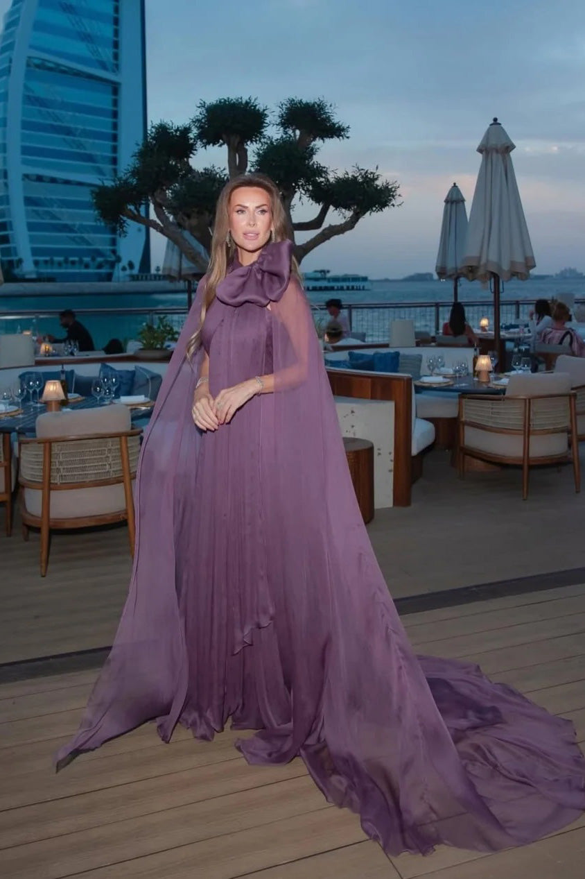 Mauve Chiffon Bow Cape Sleeve Pleated Maxi Gown