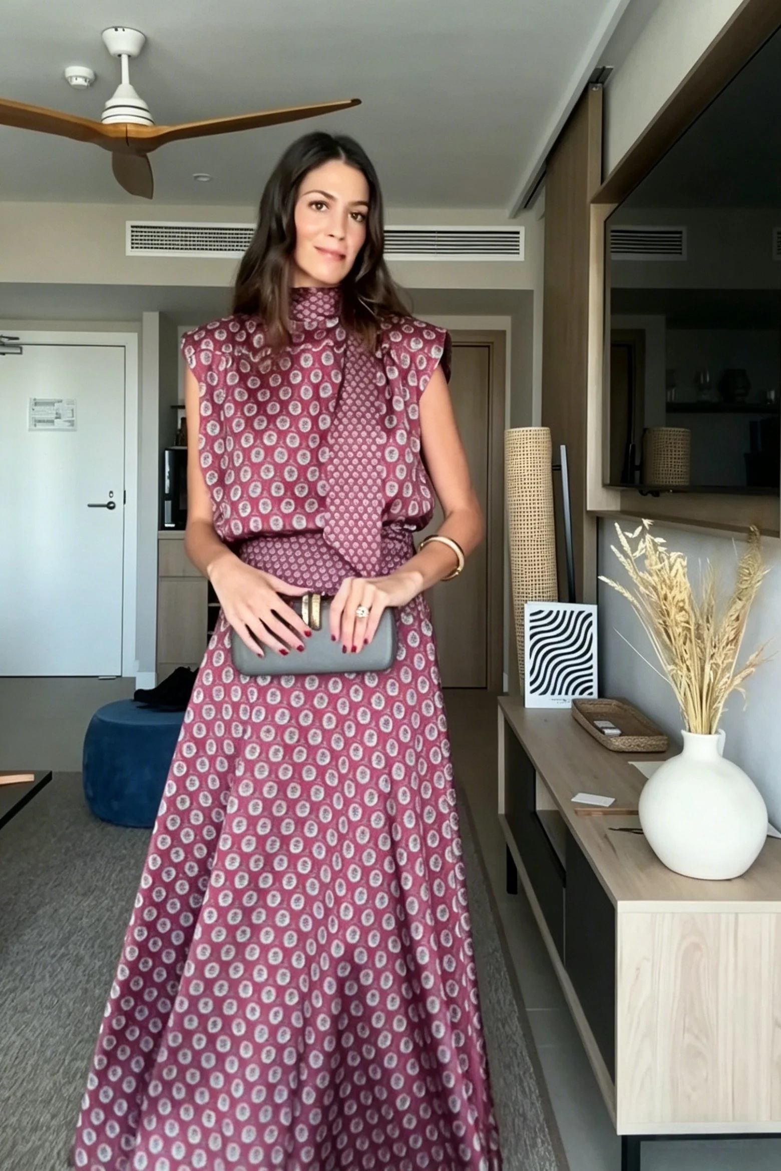Retro Print Scarf Top & Maxi Skirt Two-Piece Set
