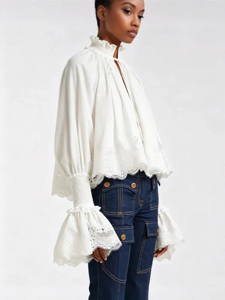 Lace-Trim Poet Sleeve Cotton Blouse