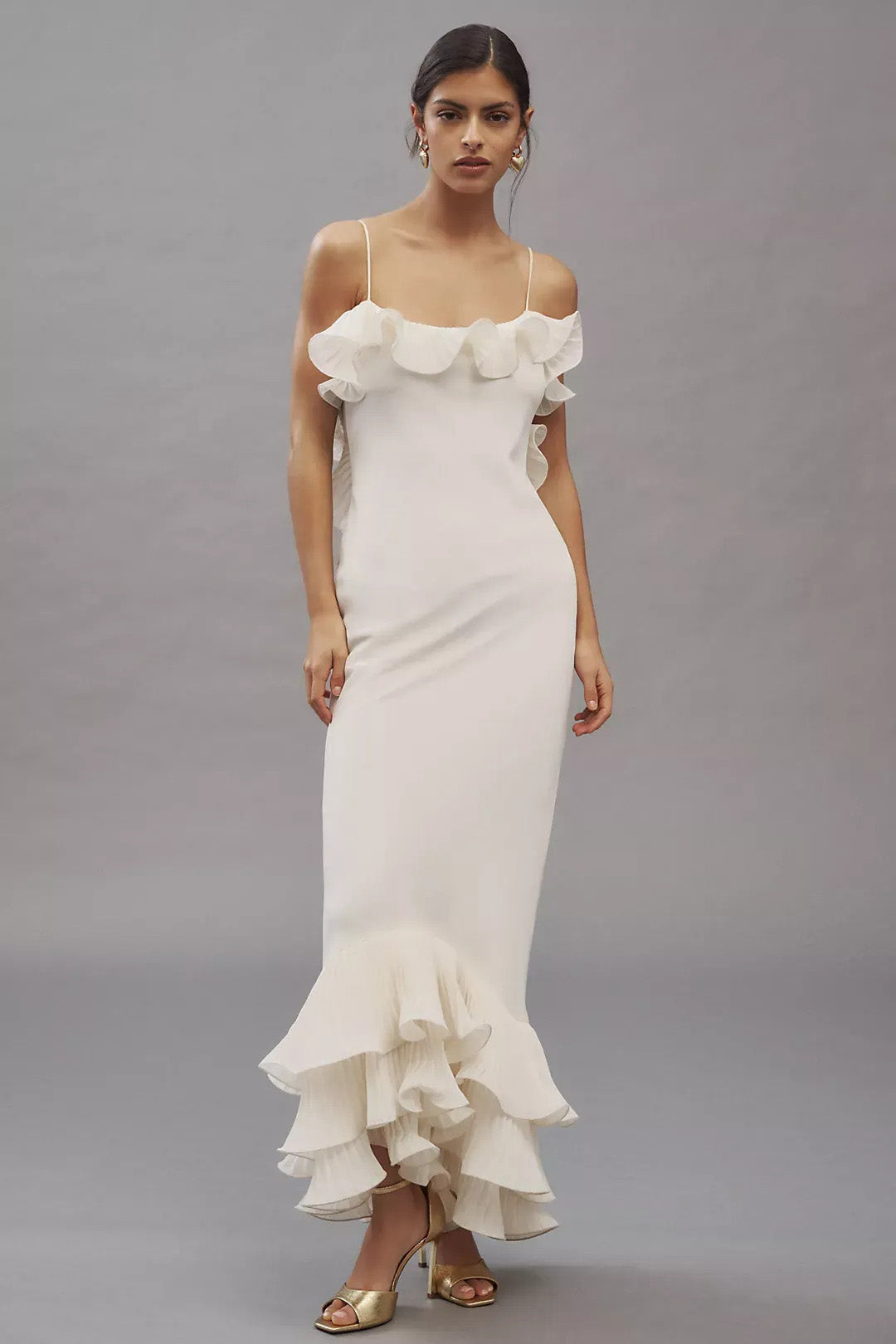 White Ruffle Open Back Slip Maxi Dress
