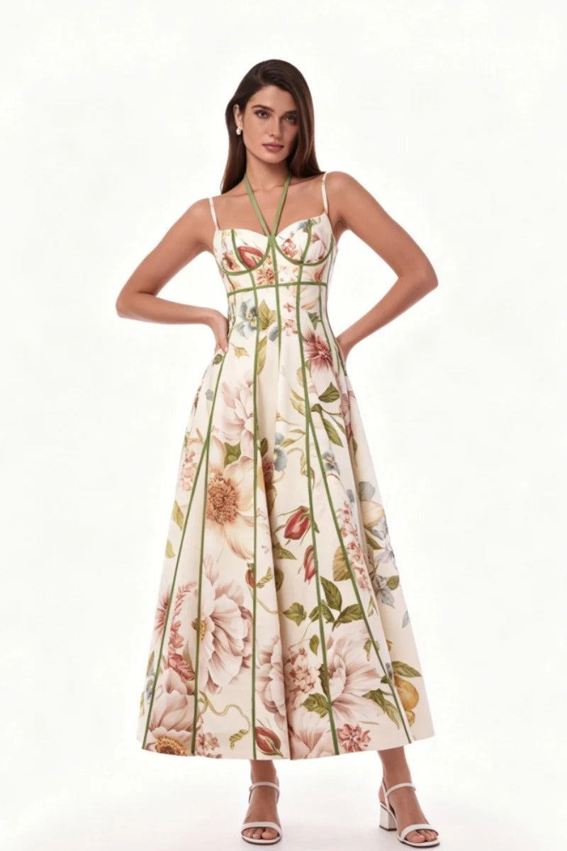 Cream Floral Corset Bustier Midi Dress