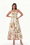 Cream Floral Corset Bustier Midi Dress