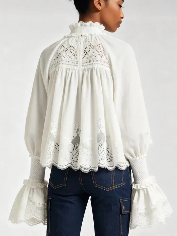 Lace-Trim Poet Sleeve Cotton Blouse