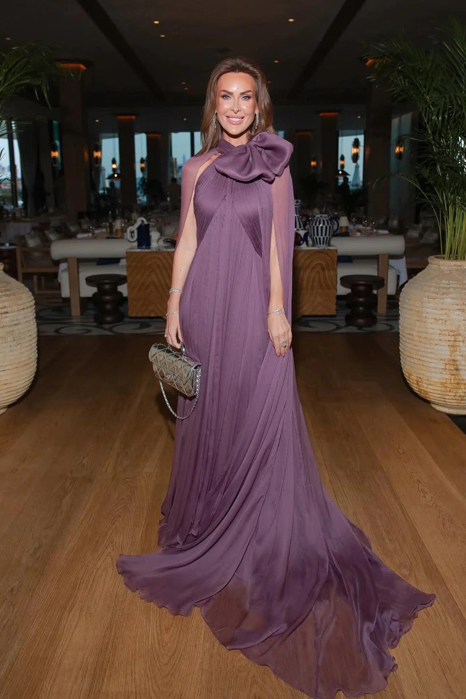 Mauve Chiffon Bow Cape Sleeve Pleated Maxi Gown