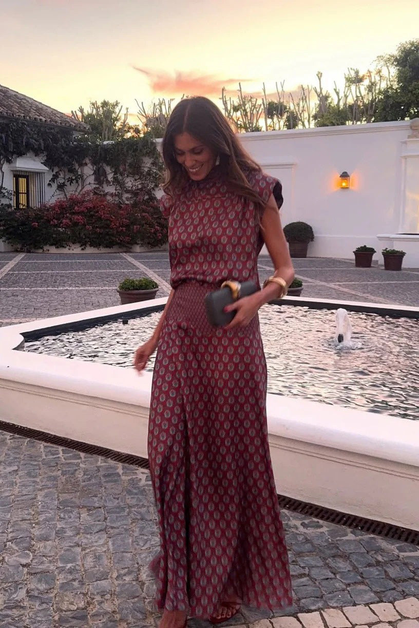 Retro Print Scarf Top & Maxi Skirt Two-Piece Set